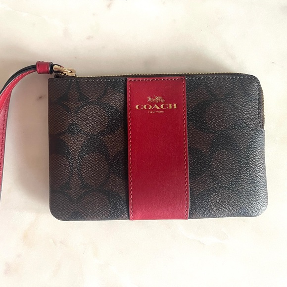 Coach Signature Wristlet in Brown and Red - Picture 3 of 9